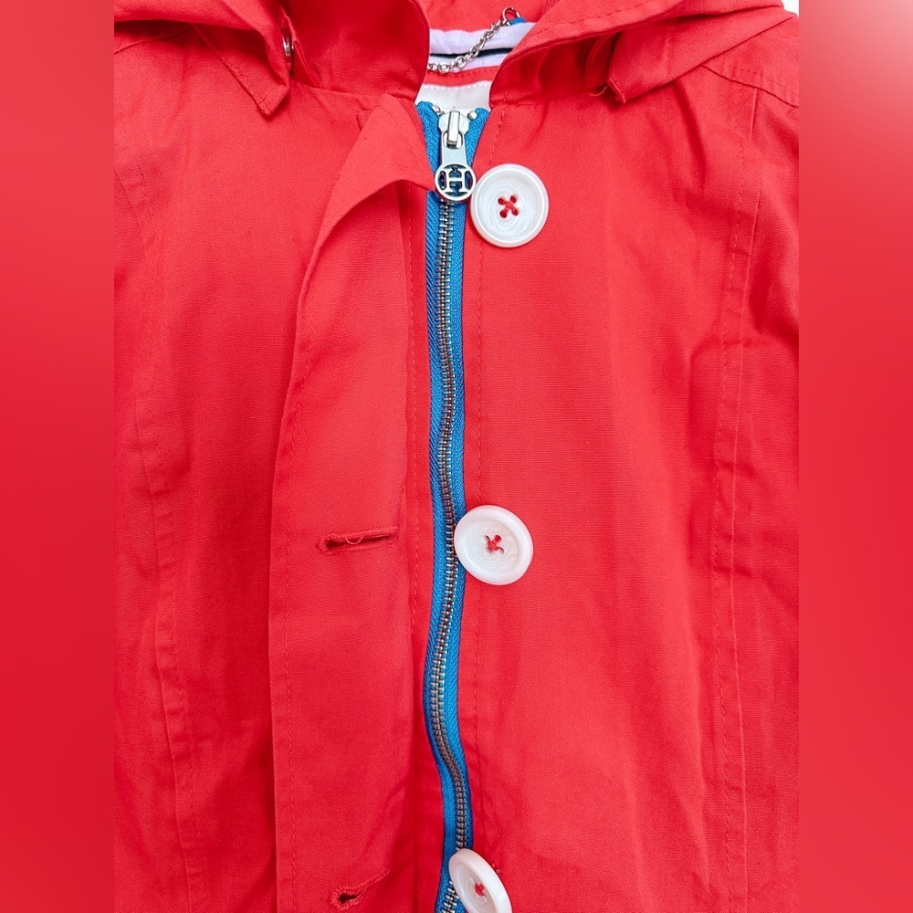 “Hatley”Red Trench Coat - Detachable Hood - Zip Front - Stripped Lining - Size 8 - Picture 6 of 15